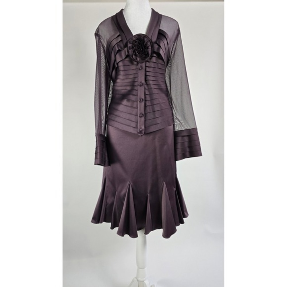 Plum Purple Satin 2 Piece Skirt Suit Set Mesh Sleeves Floral Rosette Detail